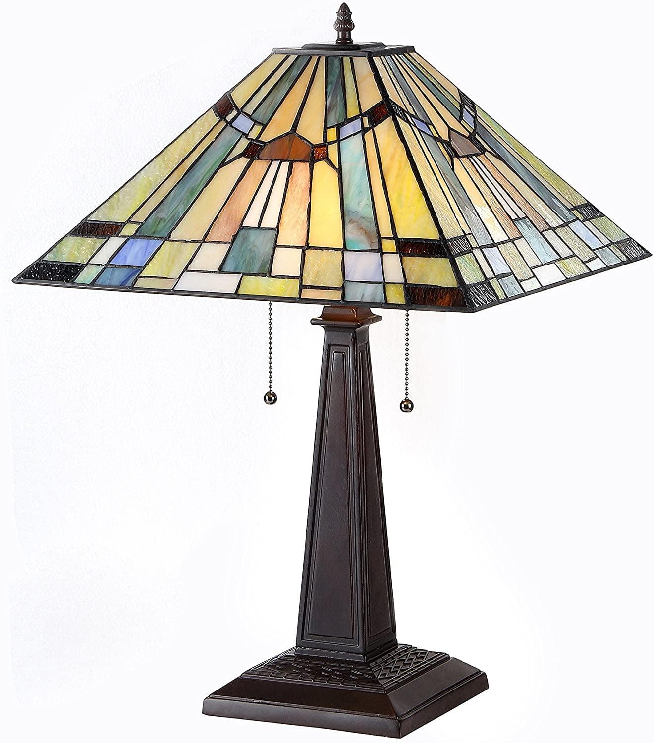 Antique Bronze Tiffany-Style Mosaic Table Lamp with Dual Chain