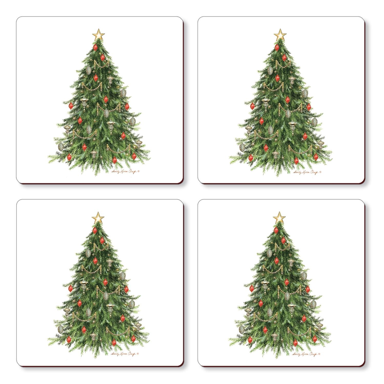 Christmas Tree Ceramic Coasters with Cork Backing, 4-Pack