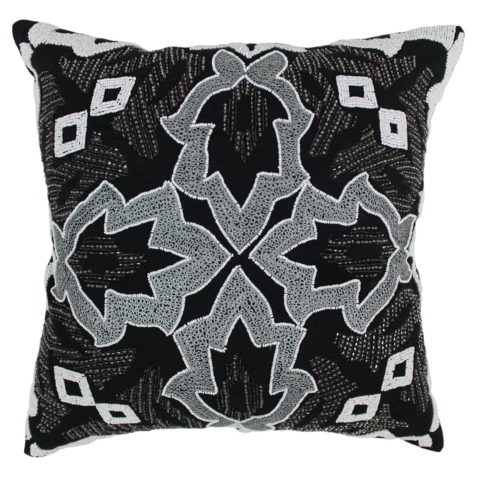 Black and White Beaded Floral Square Throw Pillow