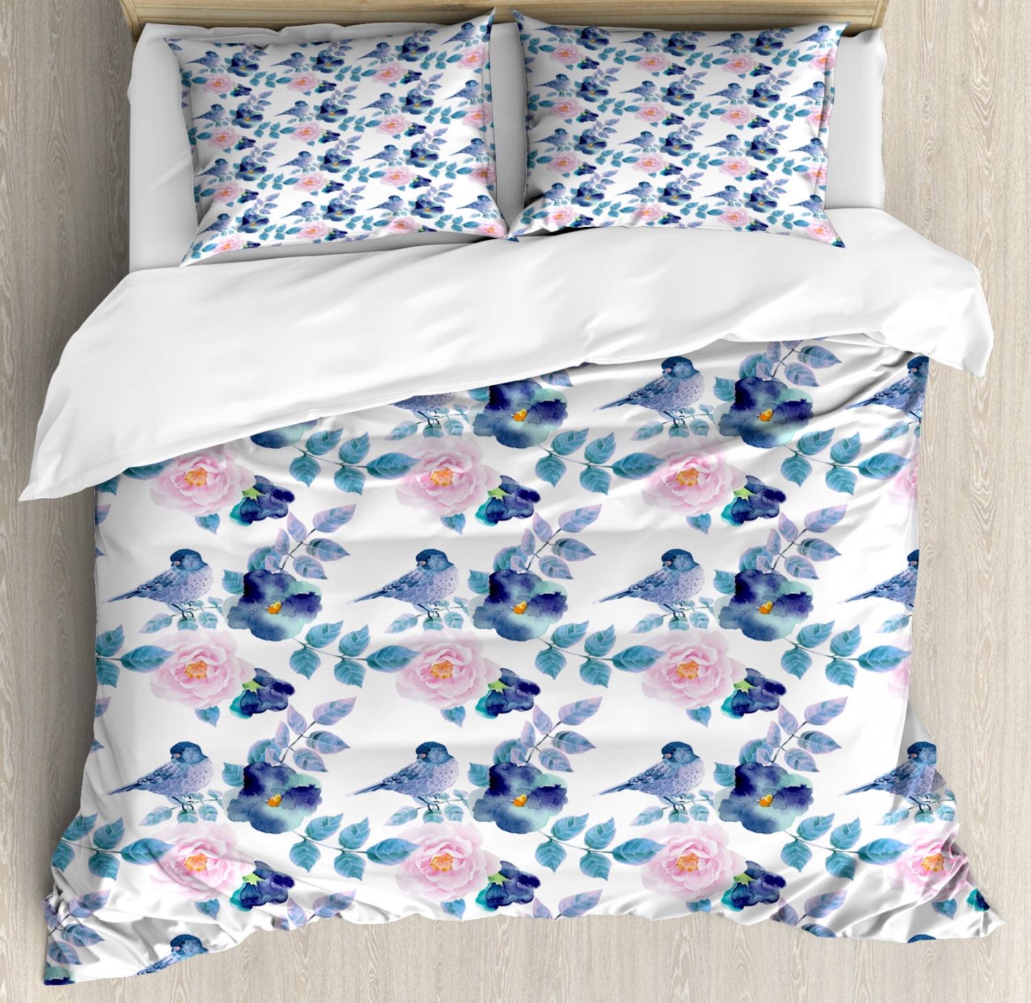 Queen Size Blue Floral Microfiber Duvet Cover Set