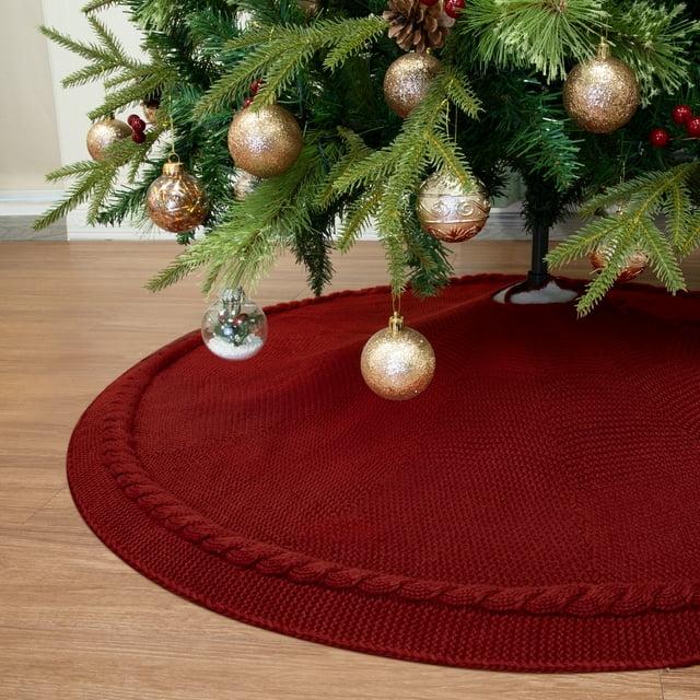 TETOU 48In Knitted Christmas Tree Skirt, Wine Red Tree Skirt, Braided Cable Knit Thick Rustic Christmas Tree Decorations, Farmhouse Christmas Decor Xmas Holiday Home Party Decorations