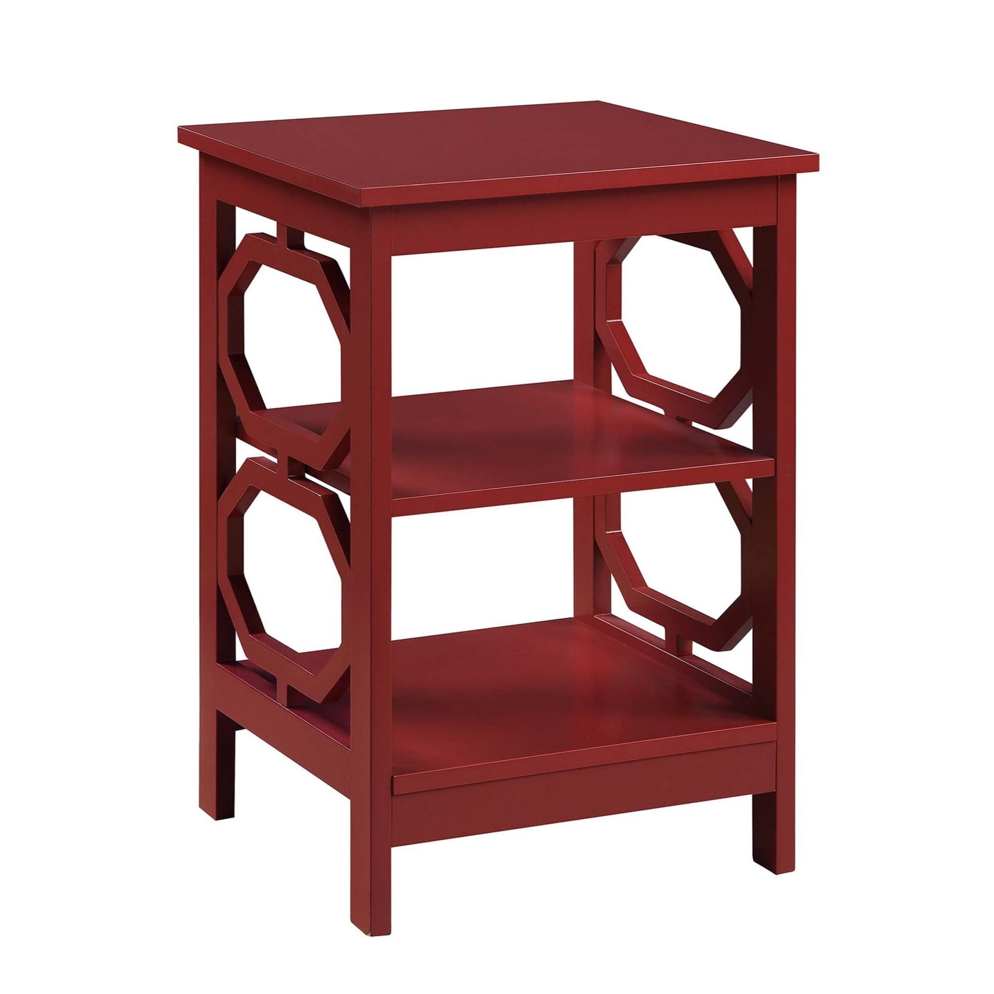 Cranberry Red Round Omega End Table with Geometric Shelf Design