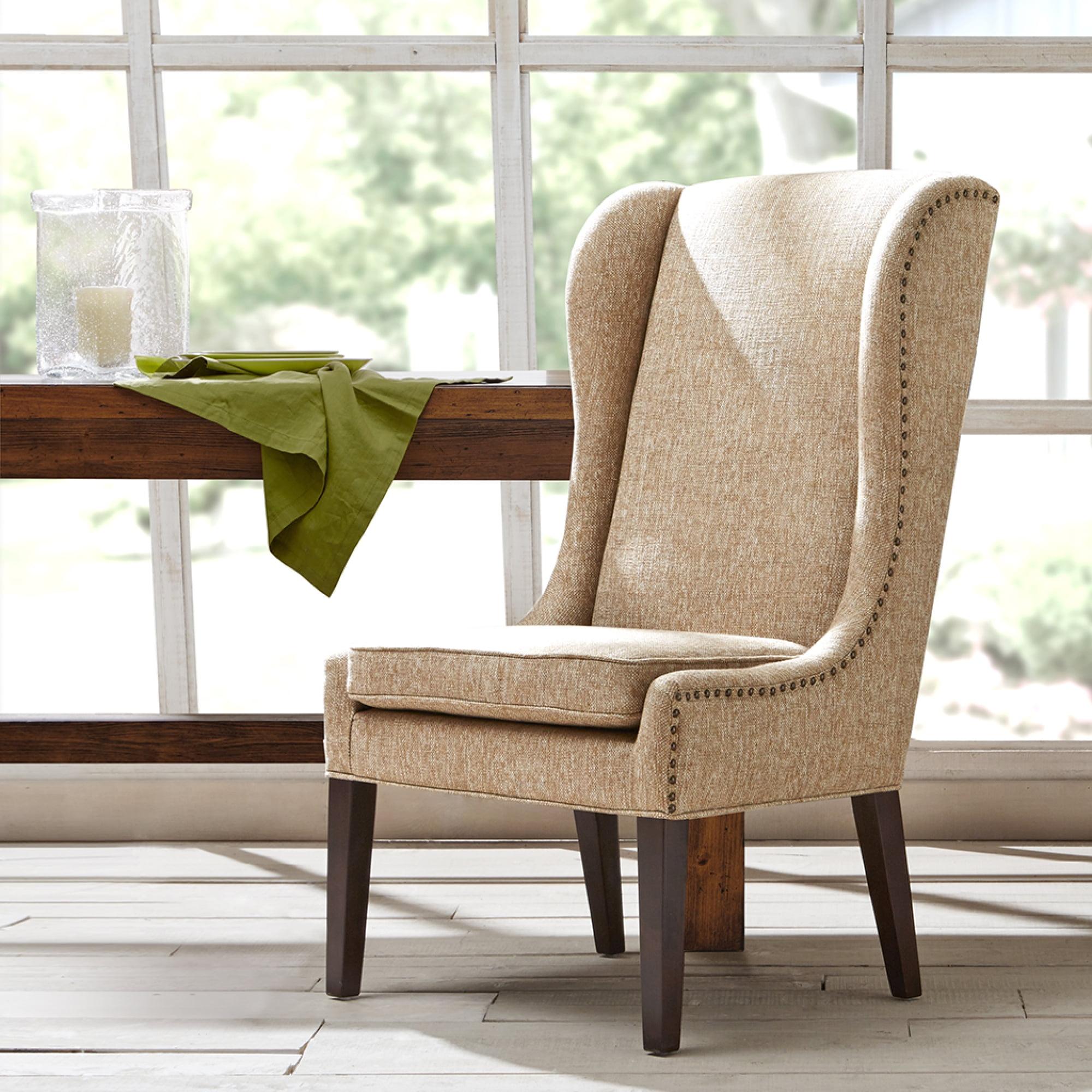 Elegant Tan High-Back Upholstered Side Chair with Nailhead Detail