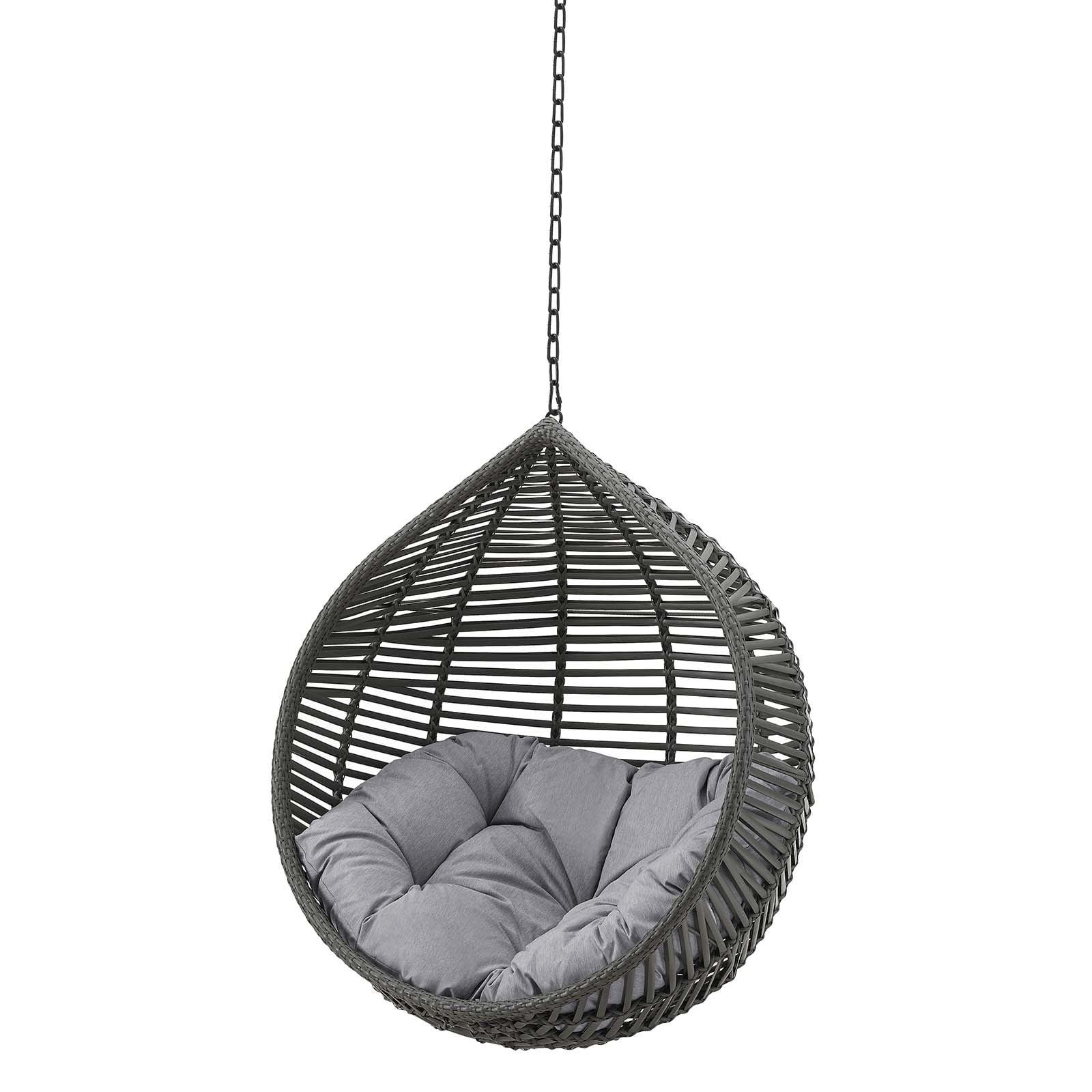 Teardrop Gray Wicker Rattan Hanging Chair with Tufted Cushion