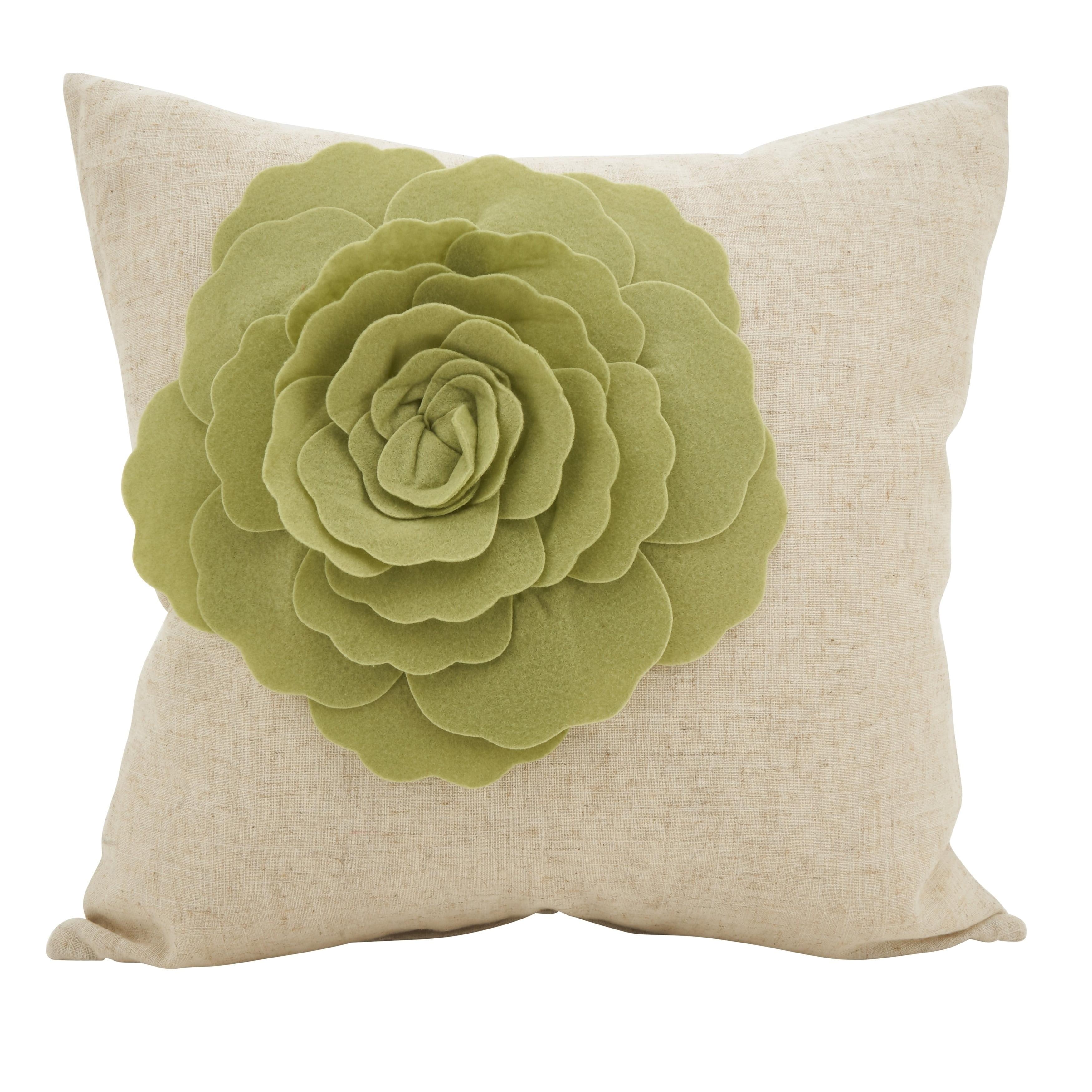 Medium Off-White Linen Pillow with Lime 3D Flower