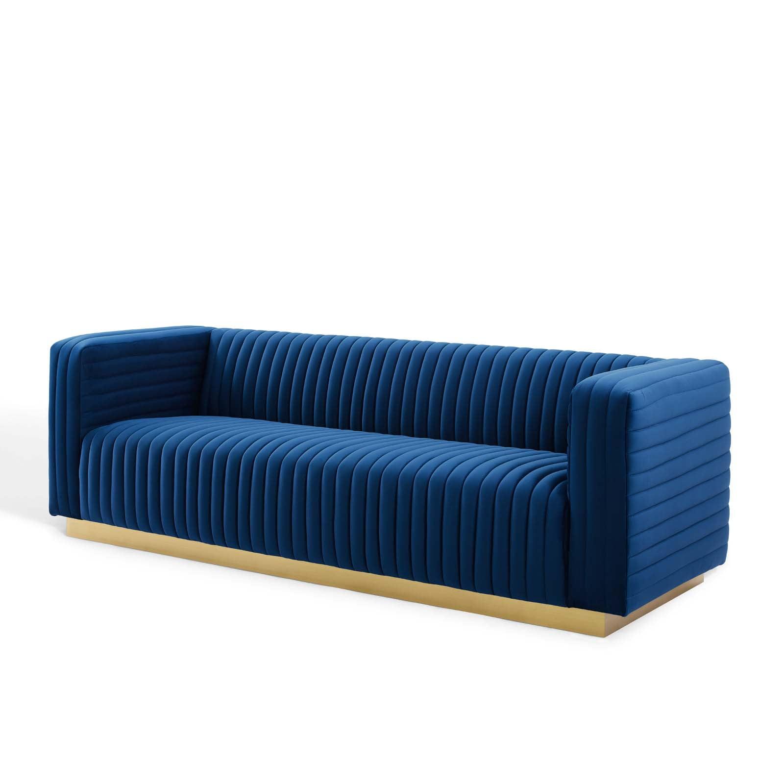 Navy Velvet Tufted Tuxedo Sofa with Gold Stainless Steel Base, 96.5"