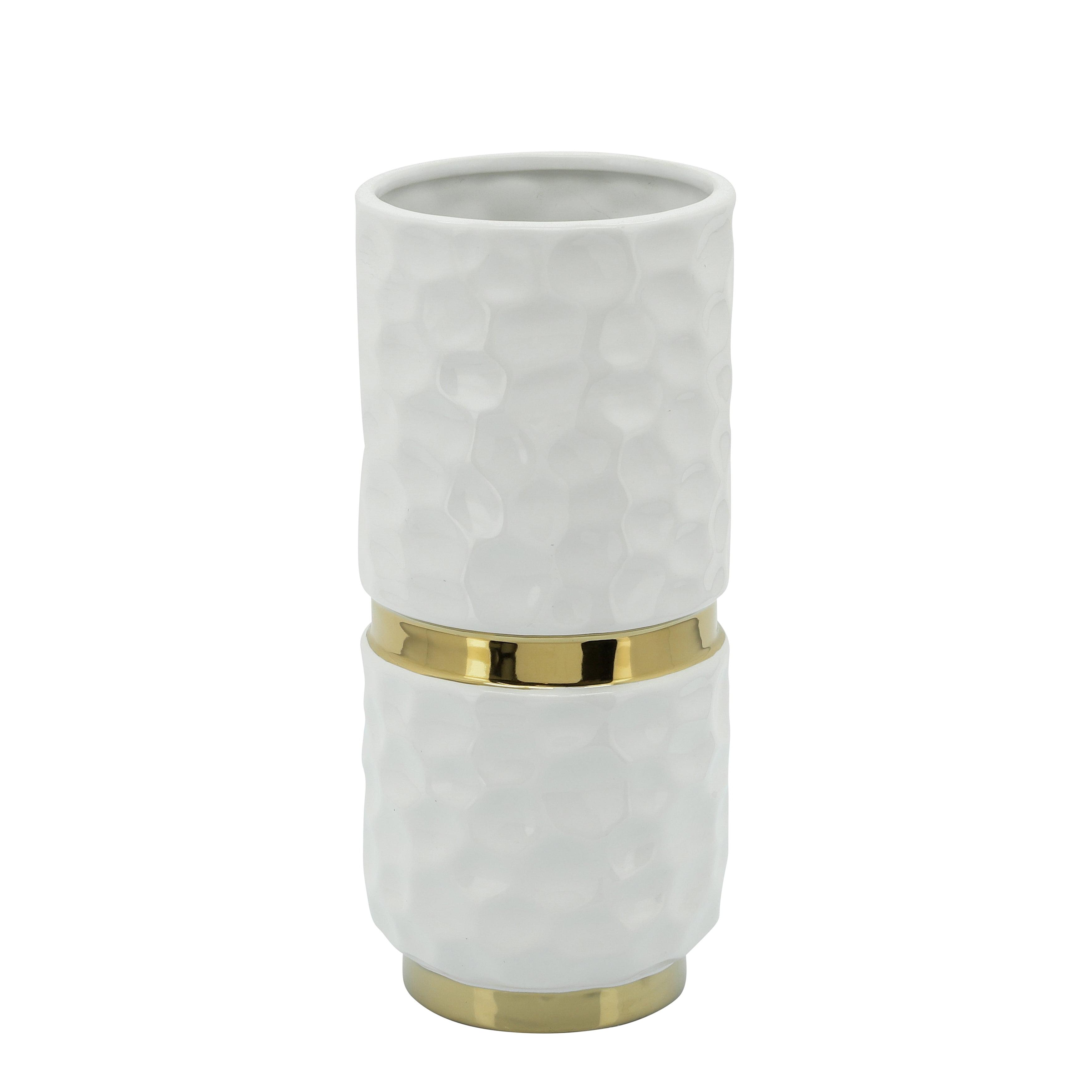 White and Gold Ceramic Belted 10" Table Vase