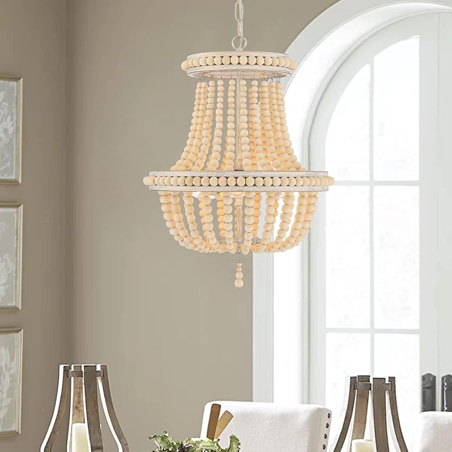 Empire Elegance White and Gold Beaded Wood 3-Light Chandelier