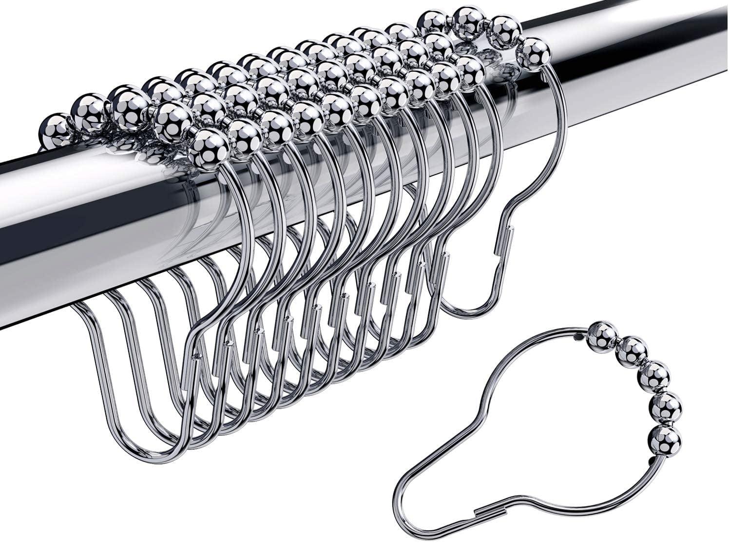 Chrome Stainless Steel Shower Curtain Hooks with Roller Balls, Set of 12