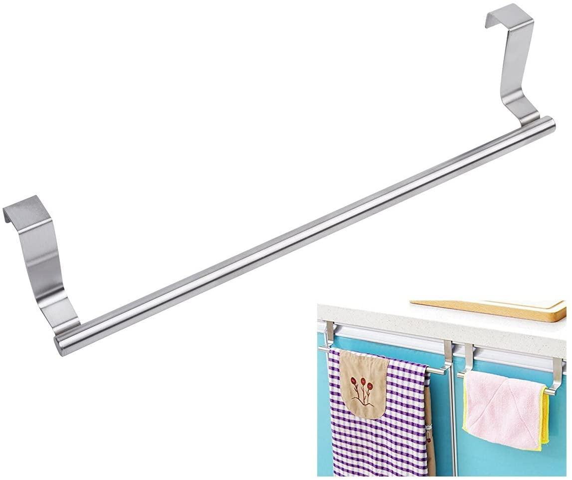 Modern Towel Bar with Hooks for Bathroom and Kitchen, Brushed Stainless Steel Towel Hanger Over Cabinet (9 inch)