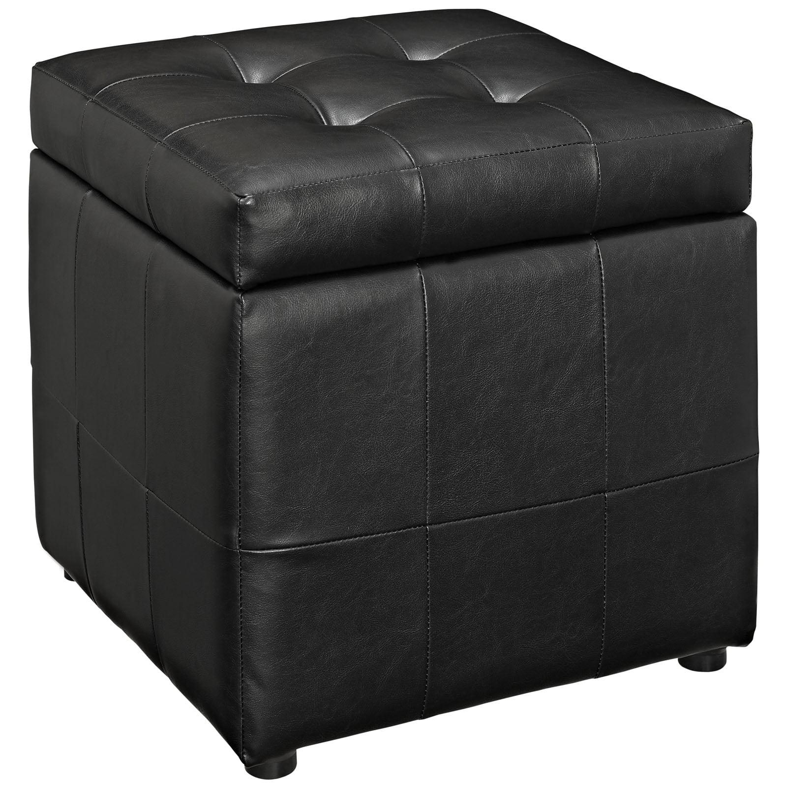 Modern Square Black Faux Leather Storage Ottoman with Wooden Legs