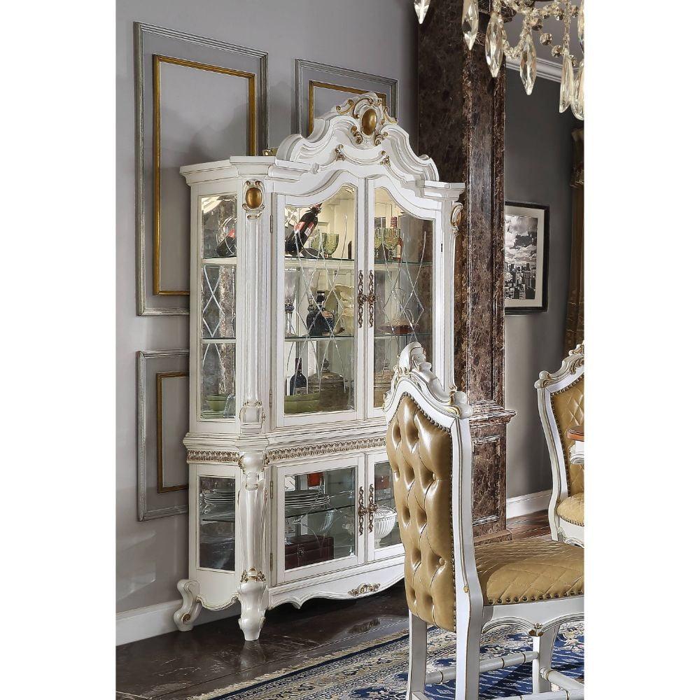 Ornate White and Gold Glass Curio Cabinet with Mirrored Back