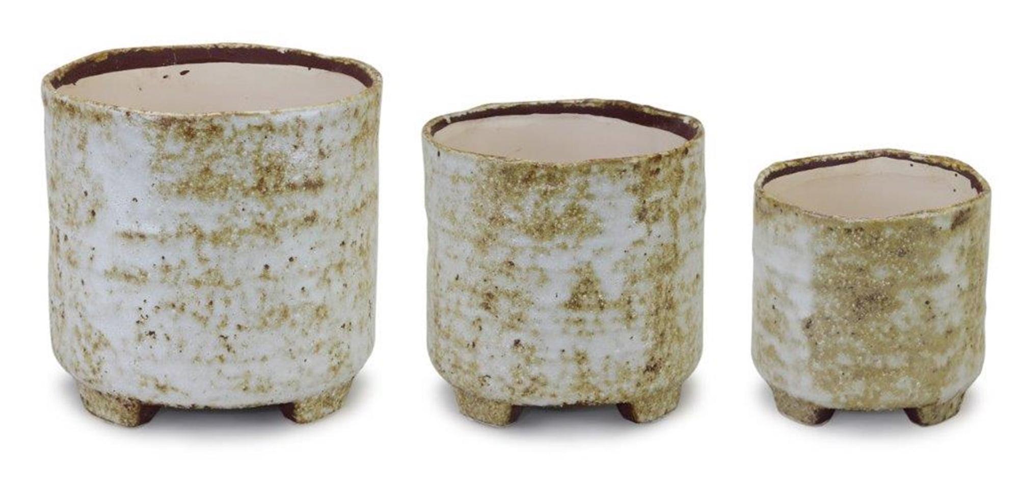 Terra Cotta Trio: Footed Glazed Pots in Warm Brown & Ivory