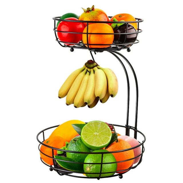 Bextsrack Fruit Basket for Kitchen Countertop, 2-Tier Vegetable Fruit Bowl with Banana Hanger, Black