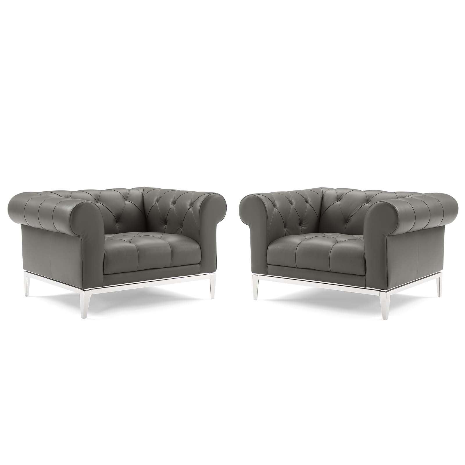 Gray Leather Tufted Chesterfield Armchair Set with Metal Frame