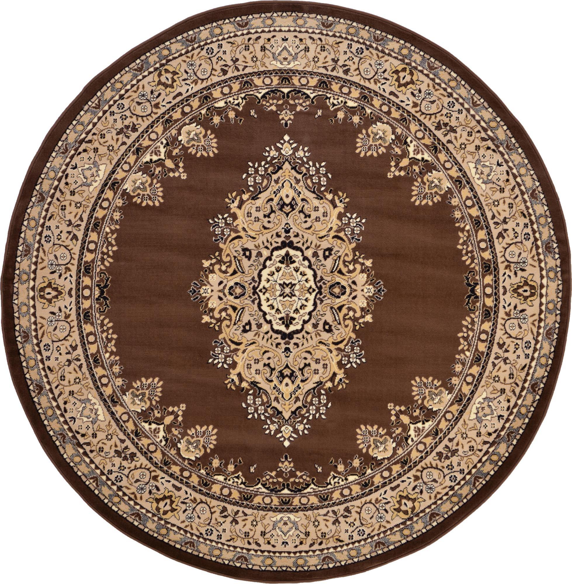 Elegant Medallion 8' Round Tufted Black and Brown Synthetic Rug