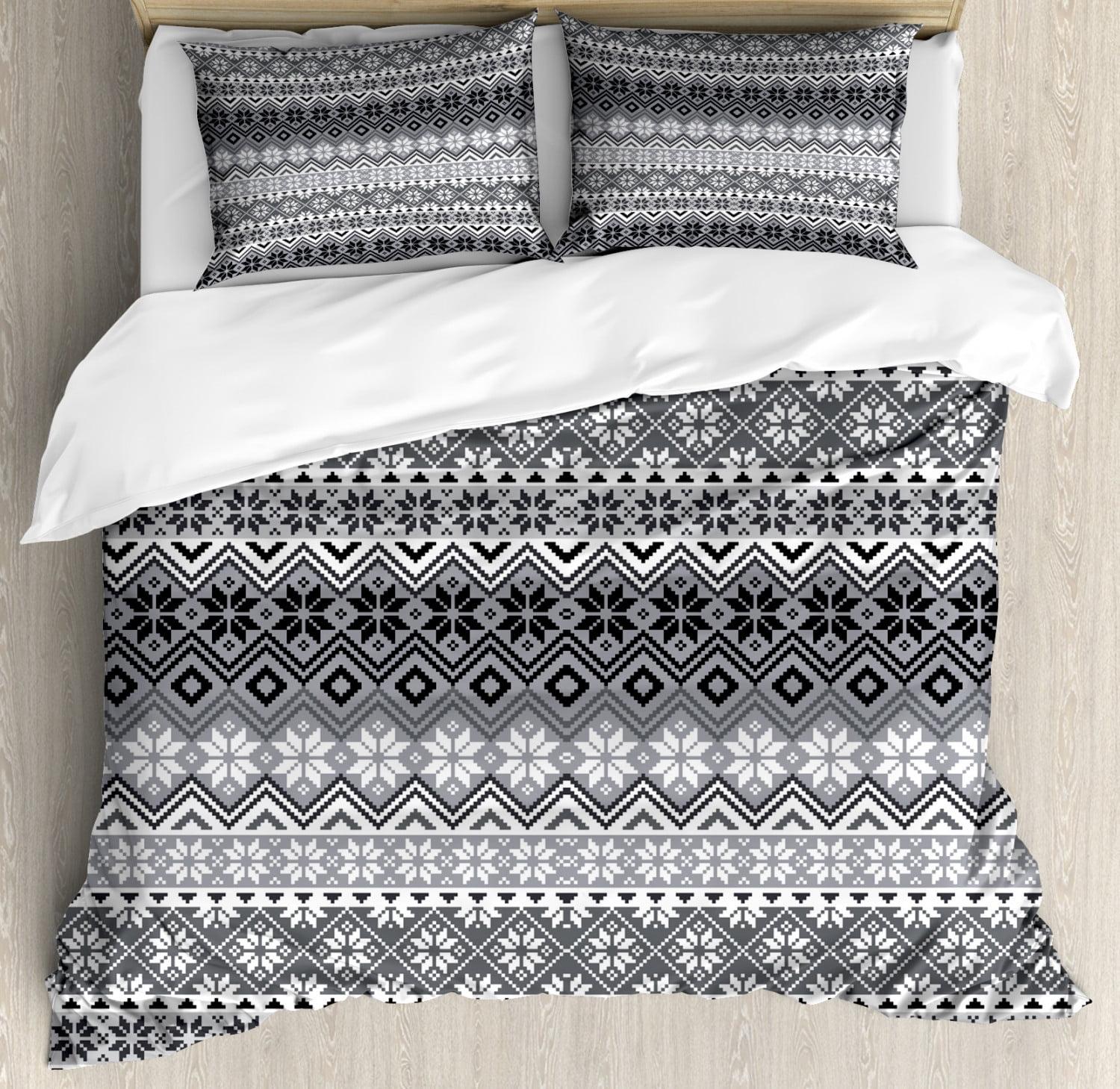 Gray and White Nordic Snowflake Knit Queen Duvet Cover Set