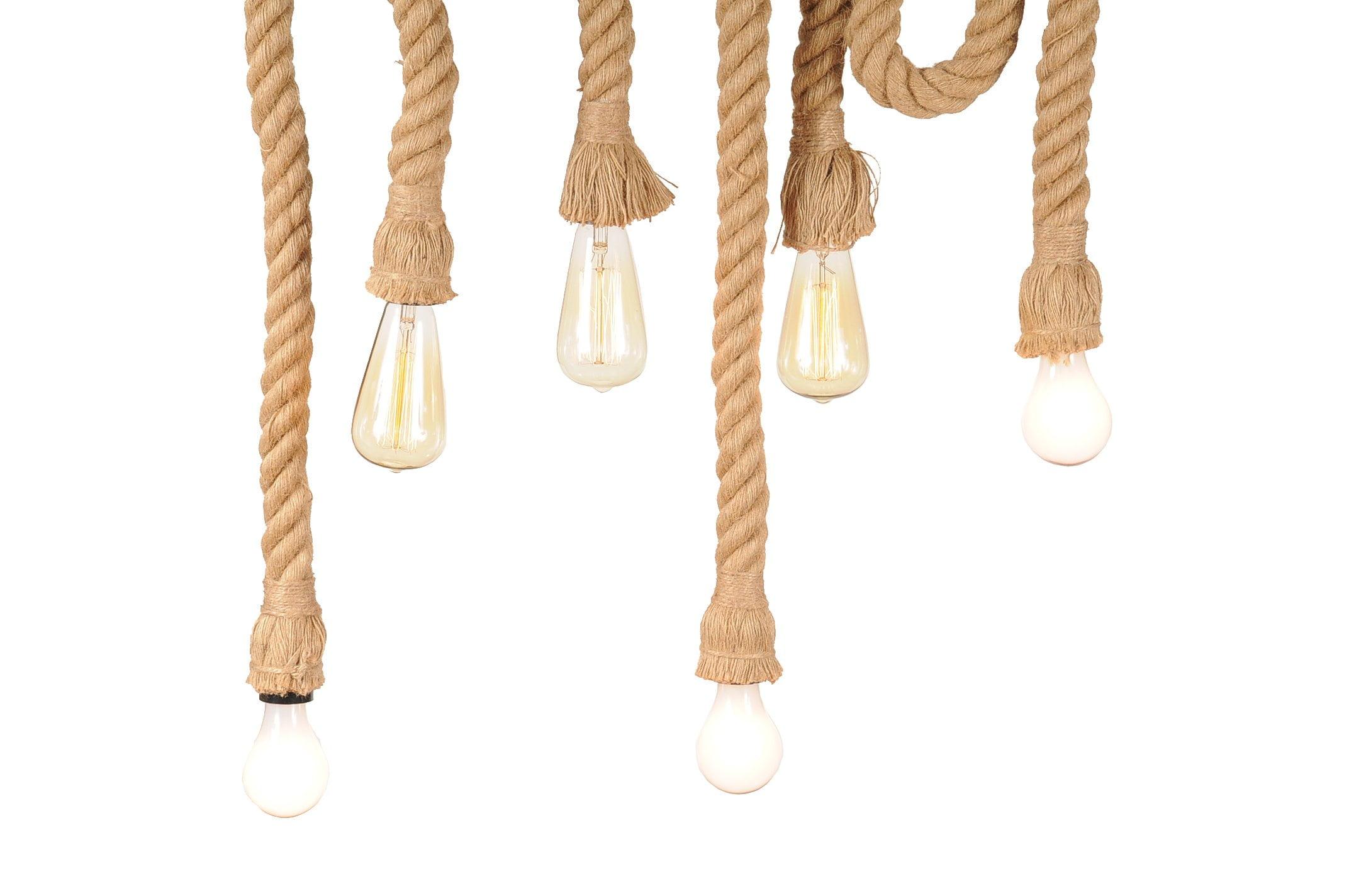 Rustic Brown Rope and Bamboo 6-Light Pendant Lamp