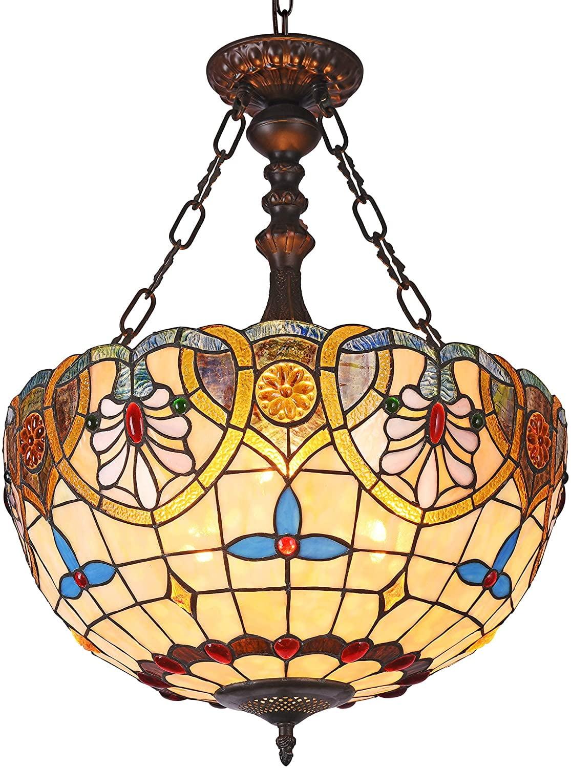 Victorian Tiffany-Style 2-Light Inverted Ceiling Pendant with Art Glass Shade