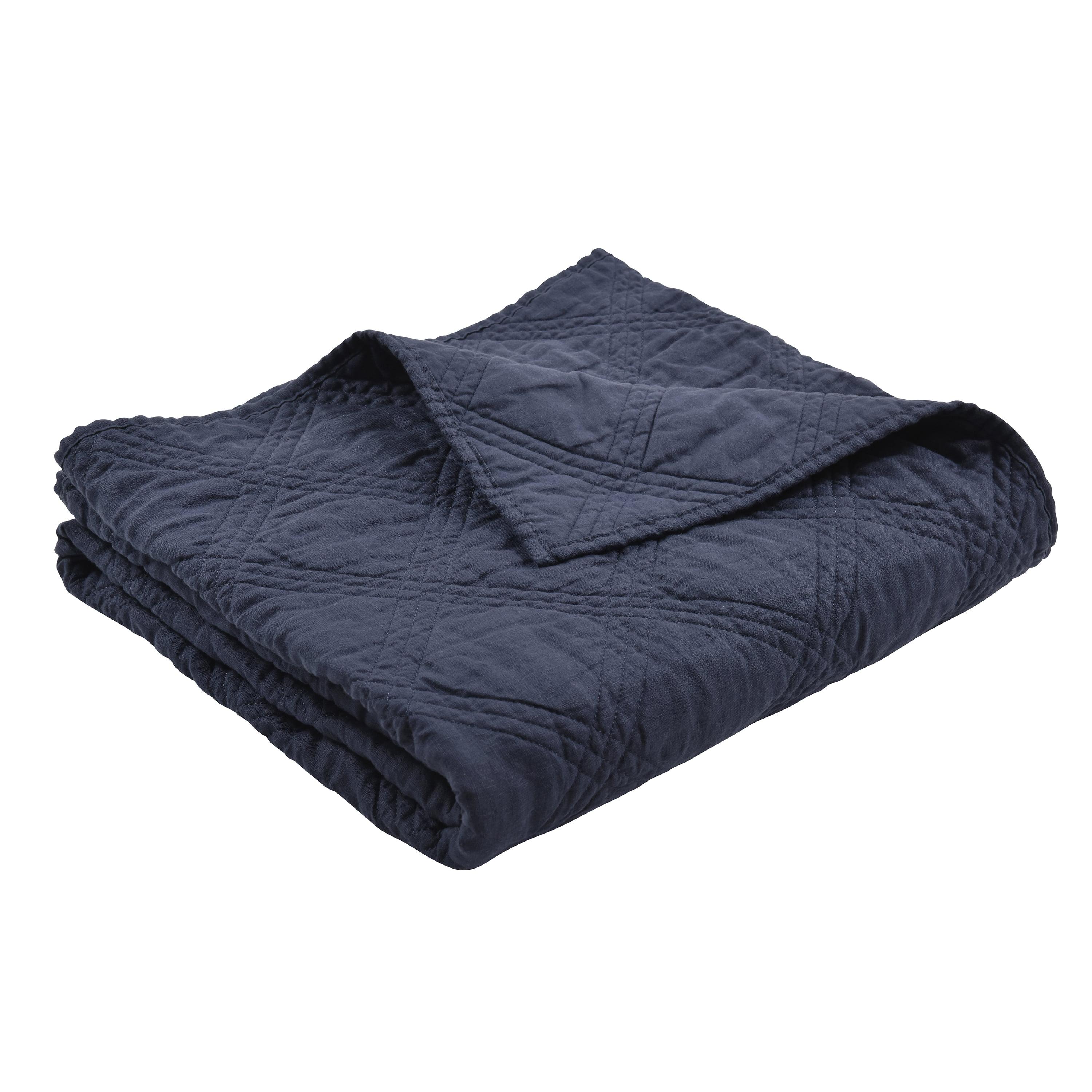 Navy Linen and Cotton Quilted Throw Blanket