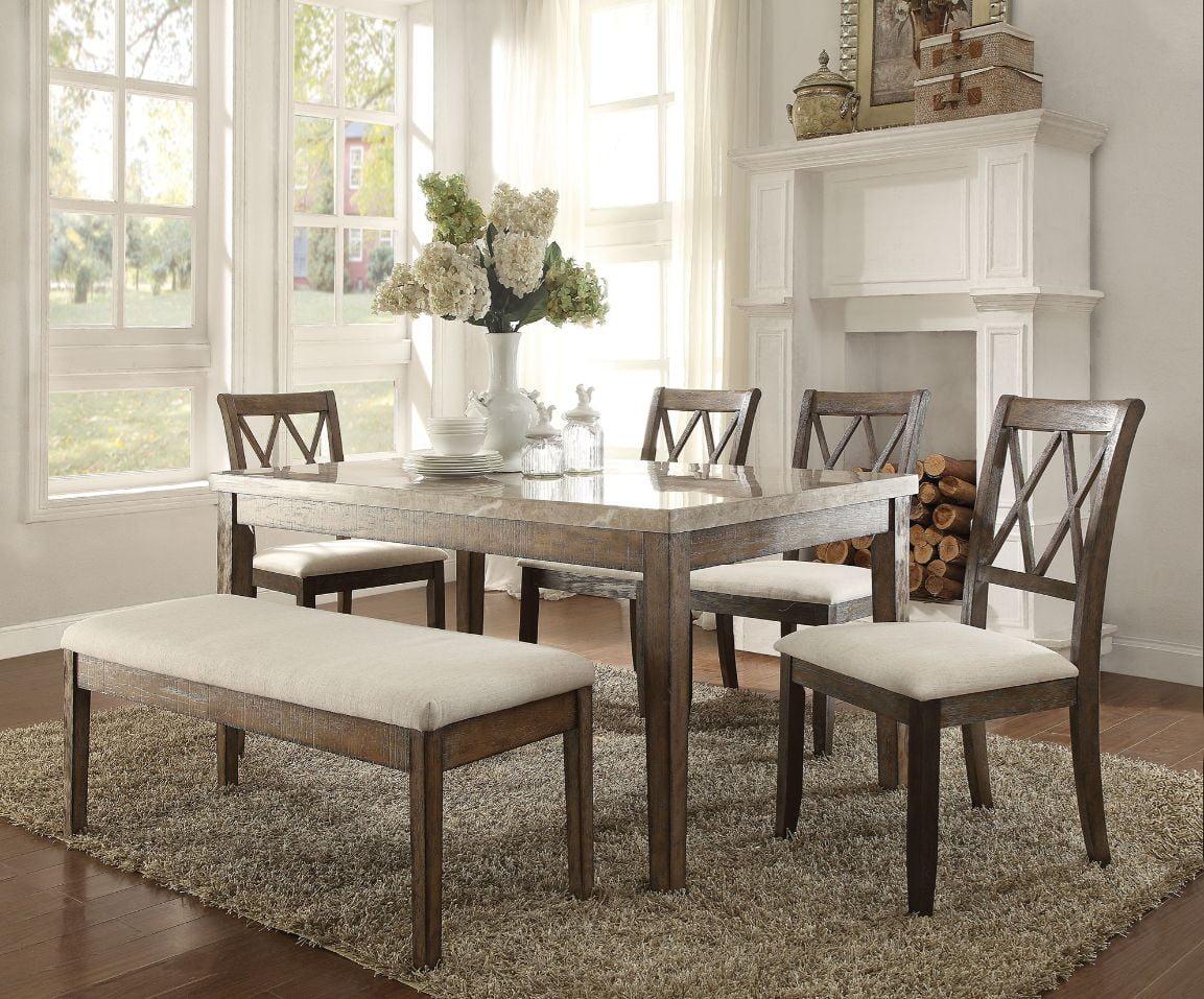 Acme Furniture 64" Claudia Dining Table Marble/Salvage Brown: Rectangular, Non-Extension, Seats 5, Wood Base