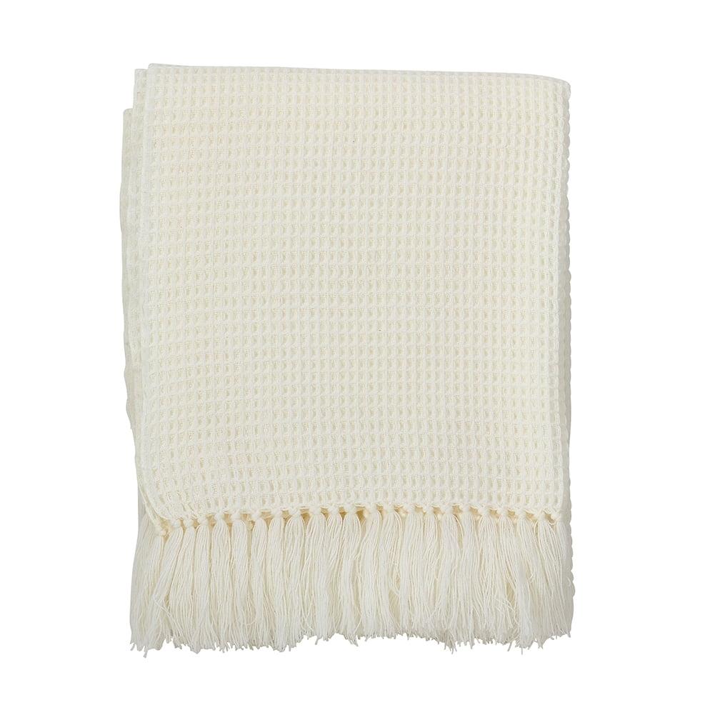 Classic Off-White Waffle Weave Tassel Trim Throw, 50"x60"