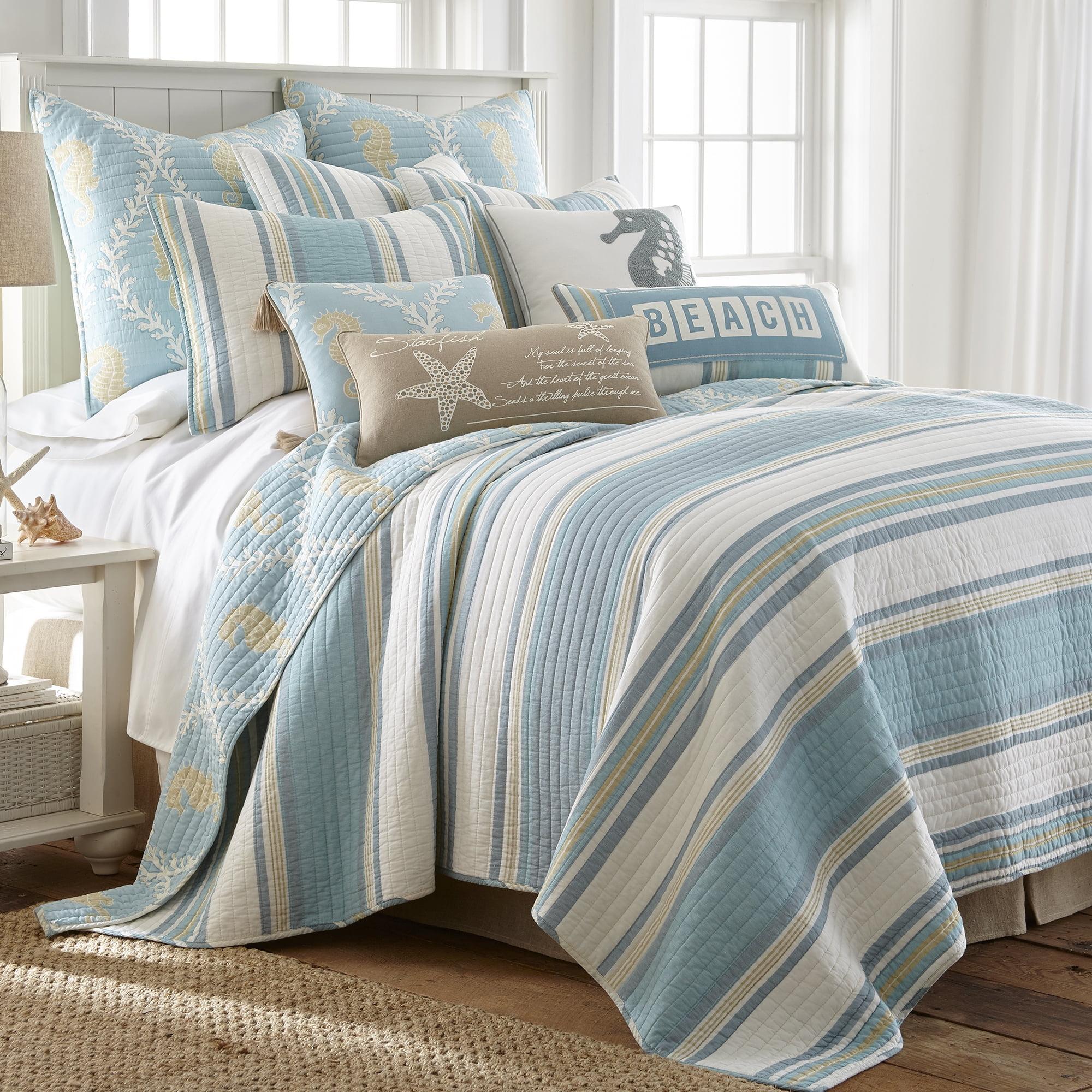 Coastal Charm Blue and Taupe Full Cotton Reversible Quilt Set