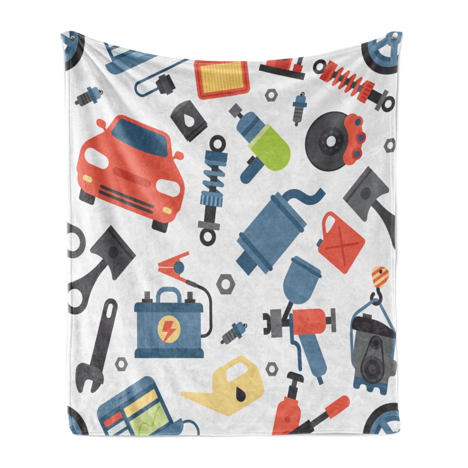 Ambesonne Auto Mechanic Fleece Throw Blanket Car Repair Elements Multicolor