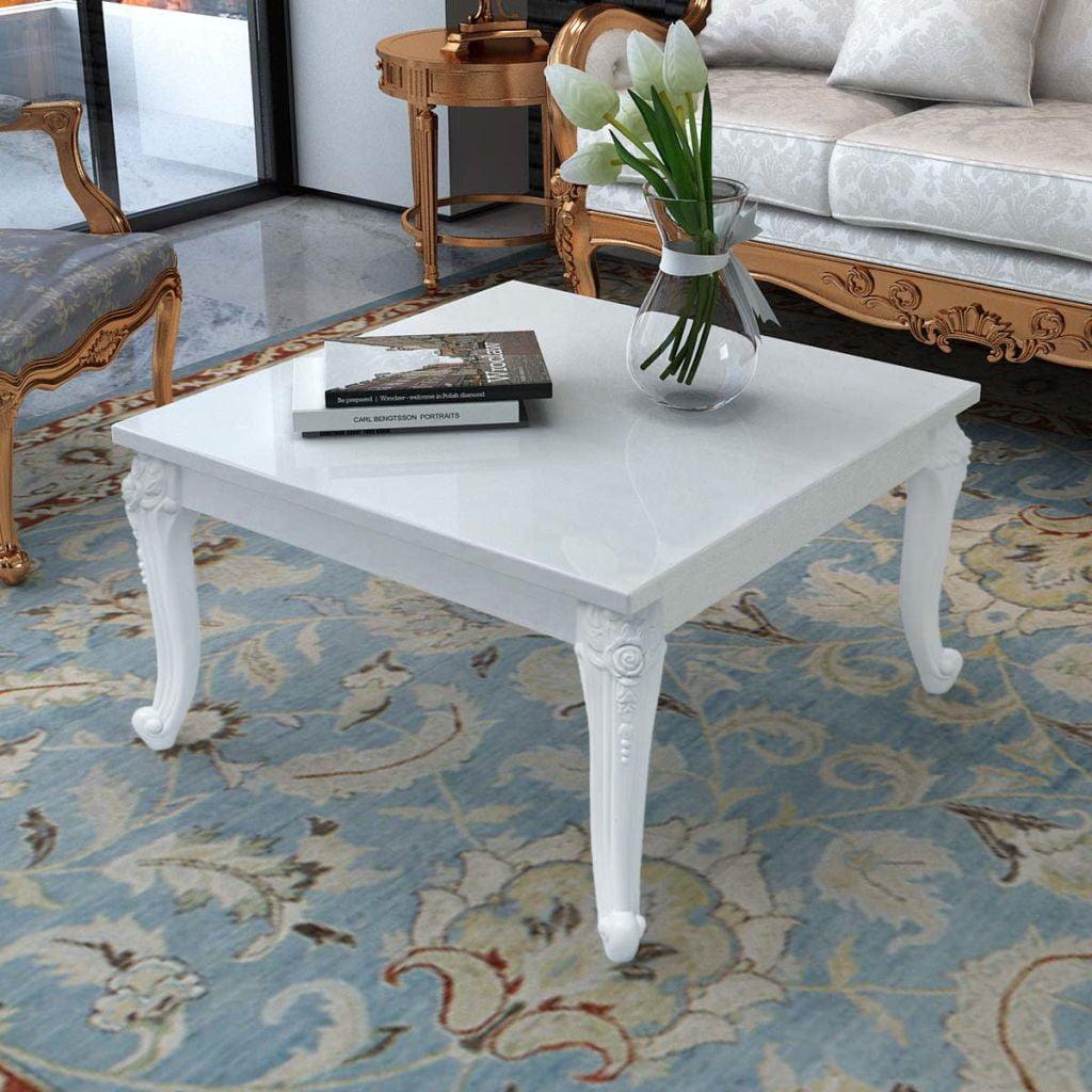Elegant Square High Gloss White Coffee Table with Wood-Inspired Carving