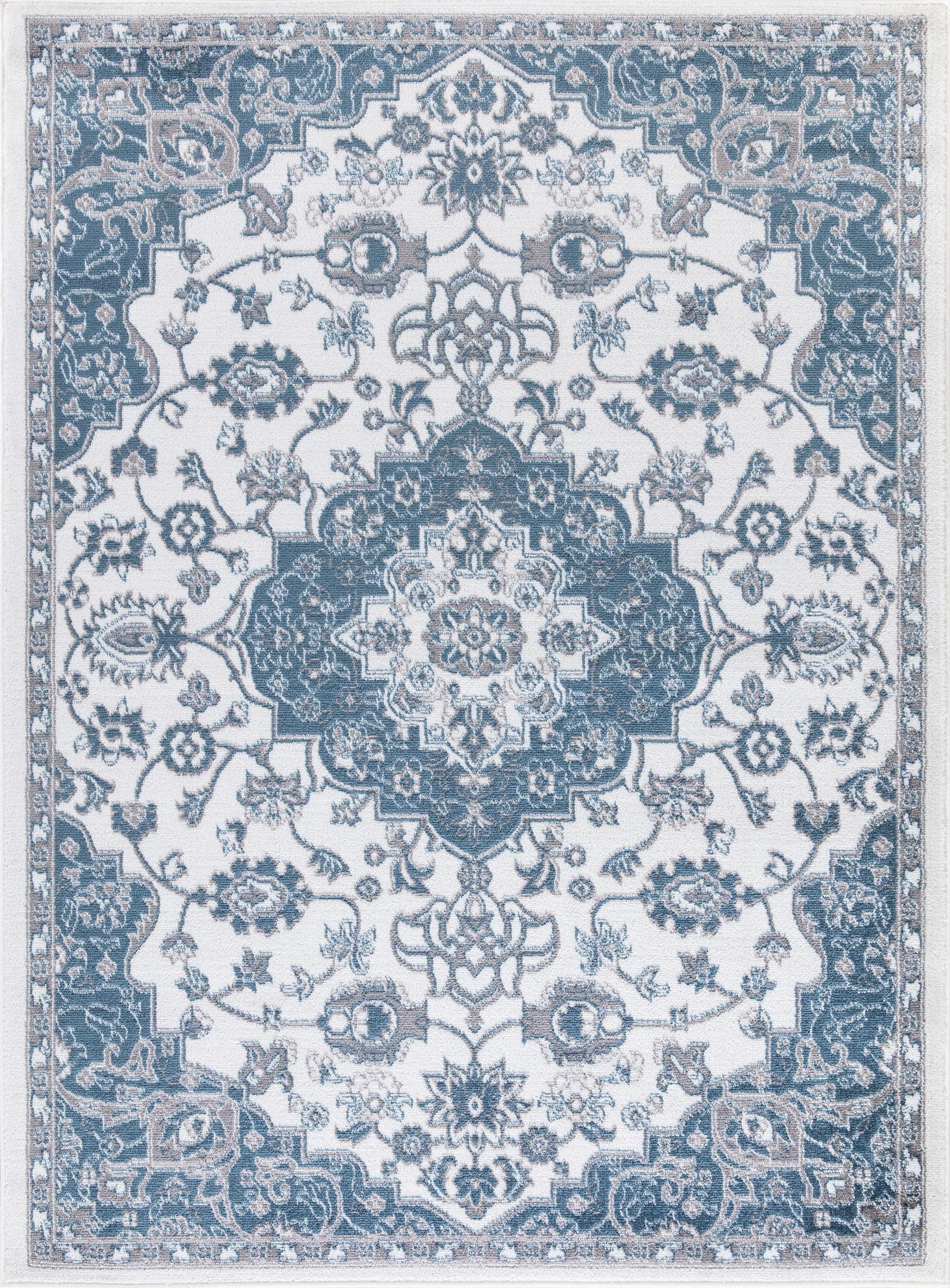 Ivory and Blue Medallion Synthetic 8' x 10' Area Rug