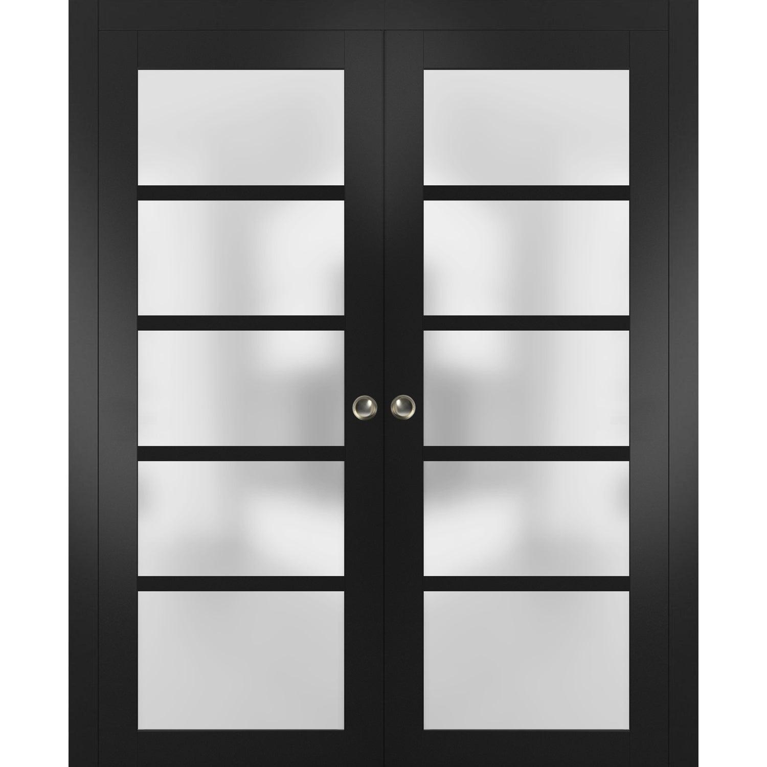 Sliding French Double Pocket Doors 84 x 84 inches Frosted Glass | Quadro 4002 Matte Black | Kit Trims Rail Hardware | Solid Wood Interior Bedroom Sturdy Doors