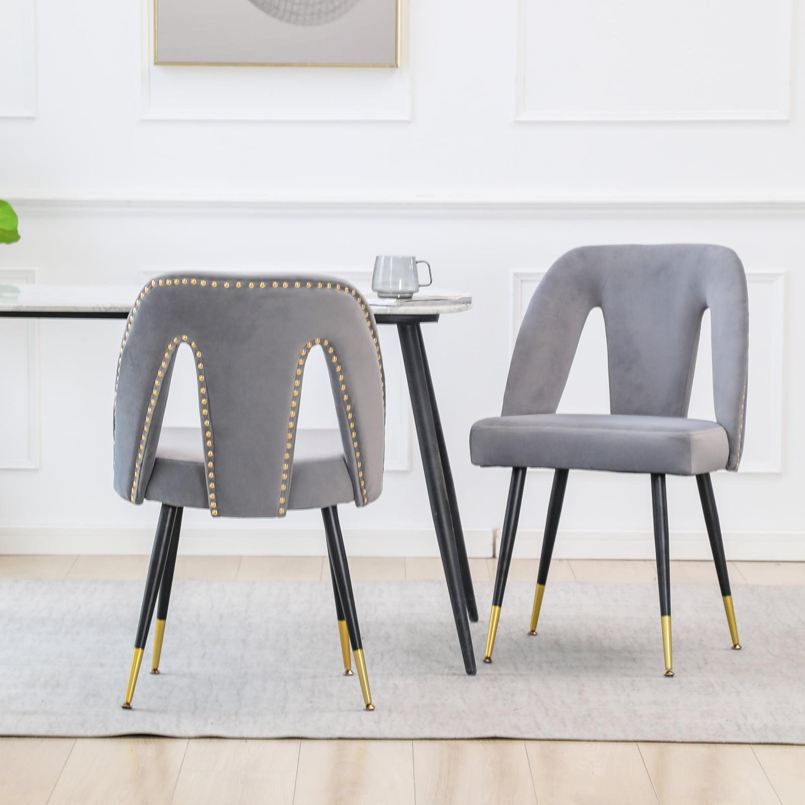 Velvet Dining Chair Set of 2, Contemporary Velvet Leisure Chair with Nailheads and Gold Tipped Black Metal Legs, Nailheads Dining Chair,Contemporary Side Chairs, for Dining Room Living Room, Gray