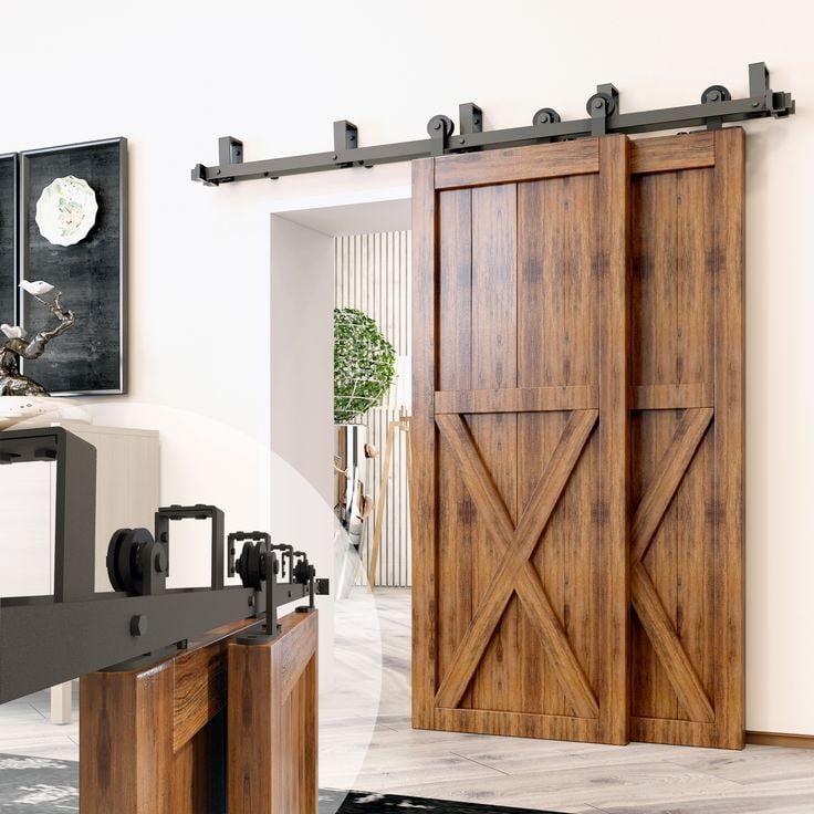 Black Rustic Double Track Bypass Sliding Barn Door Hardware Kit, 7ft