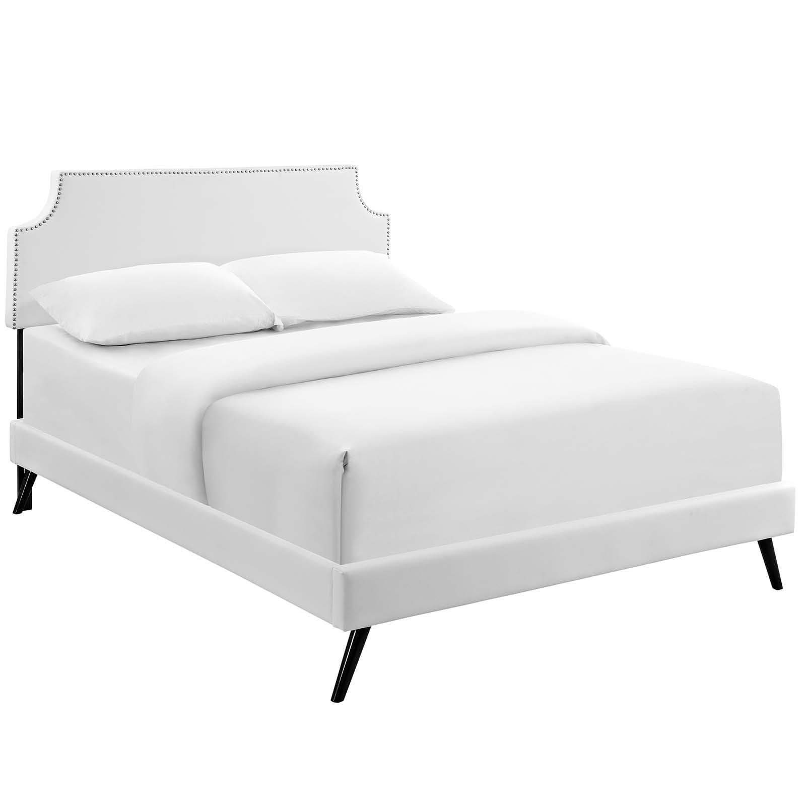 Corene Full-Size White Faux Leather Upholstered Platform Bed with Nailhead Trim