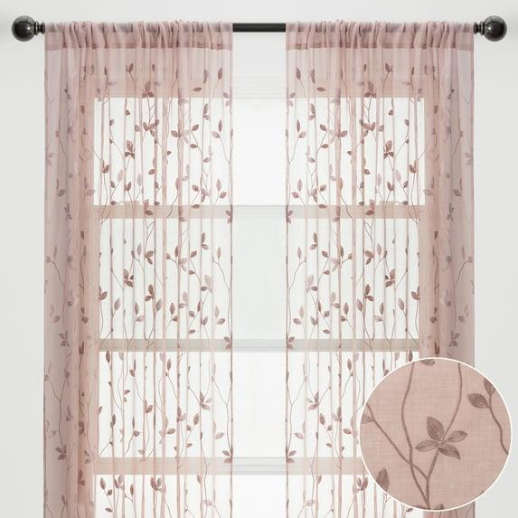 Chanasya 2pk Embroidered Vine Sheer Window Curtain Panels - Set of 2 - 52 x 96 Inches Long - Rose Dust
