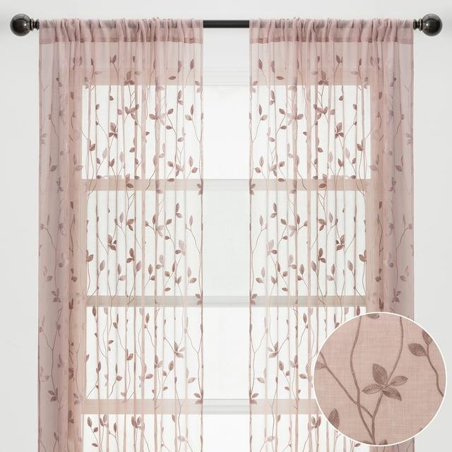 Chanasya 2pk Embroidered Vine Sheer Window Curtain Panels - Set of 2 - 52 x 96 Inches Long - Rose Dust