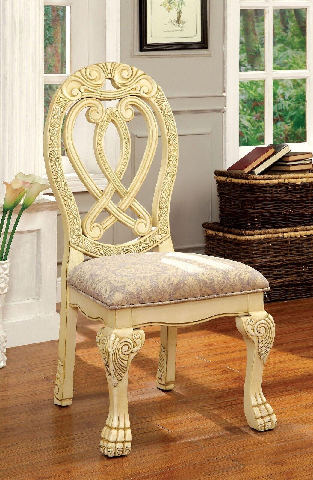 Elegant Vintage White Upholstered Side Chair with Carved Details - Set of 2