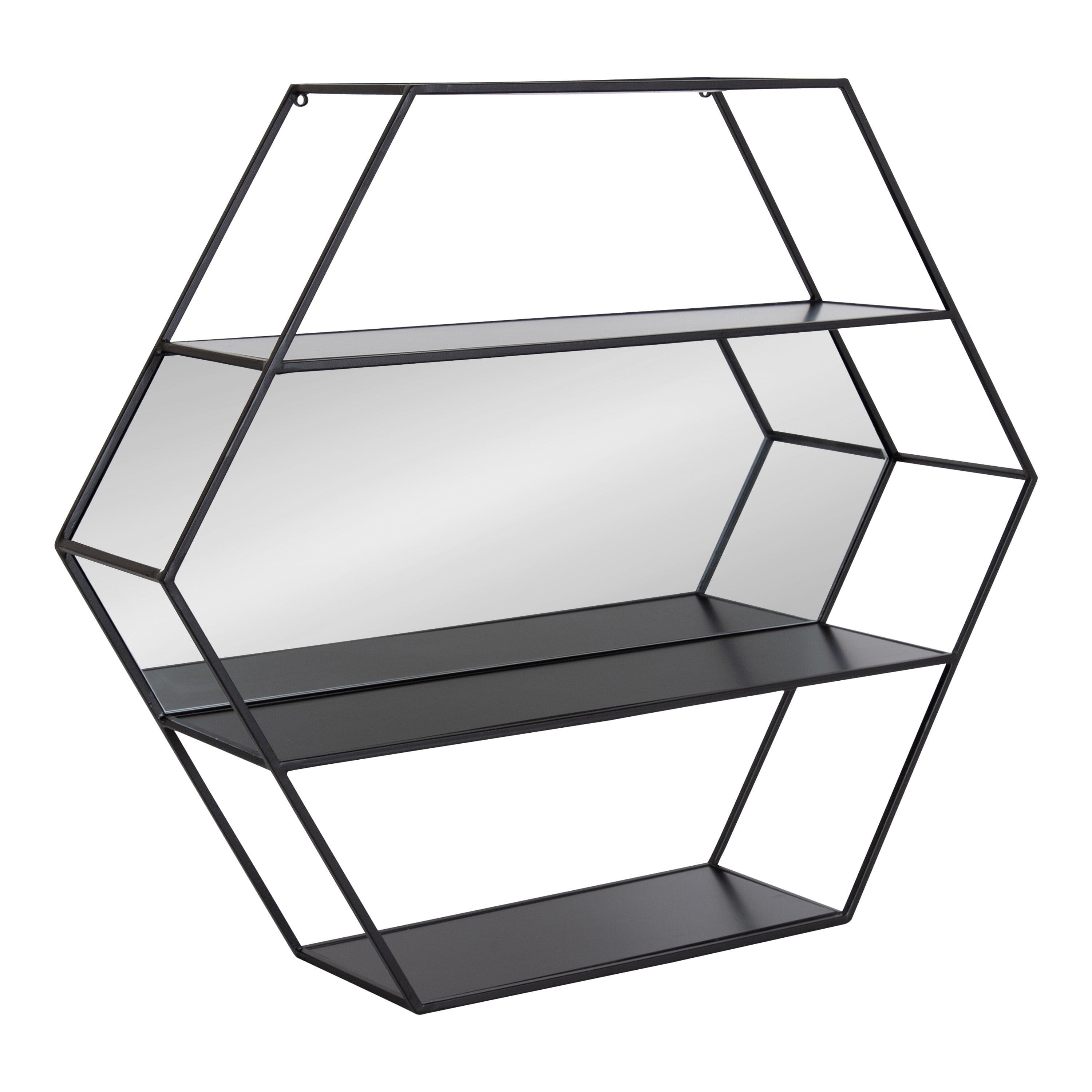 Lintz Hexagon Black Metal Floating Wall Mirror with Shelves