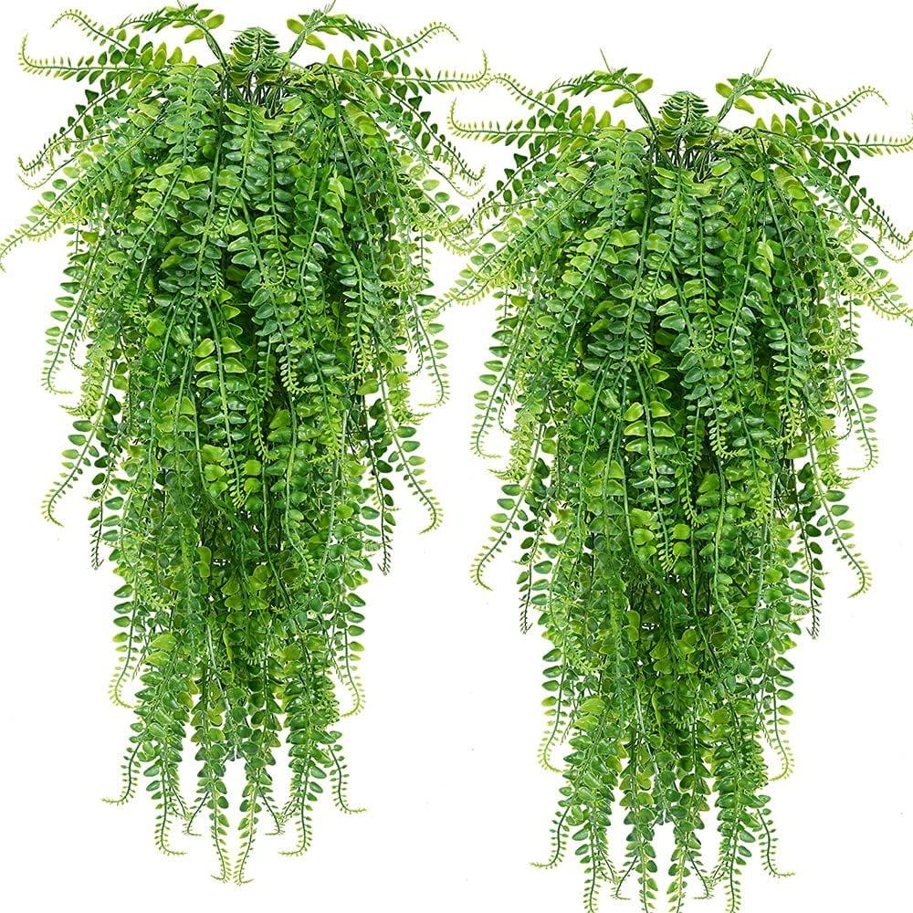 Artificial 2pack Fake Hanging Ferns Plant Faux Ivy Boston Outdoor UV Resistant Plastic (Green)