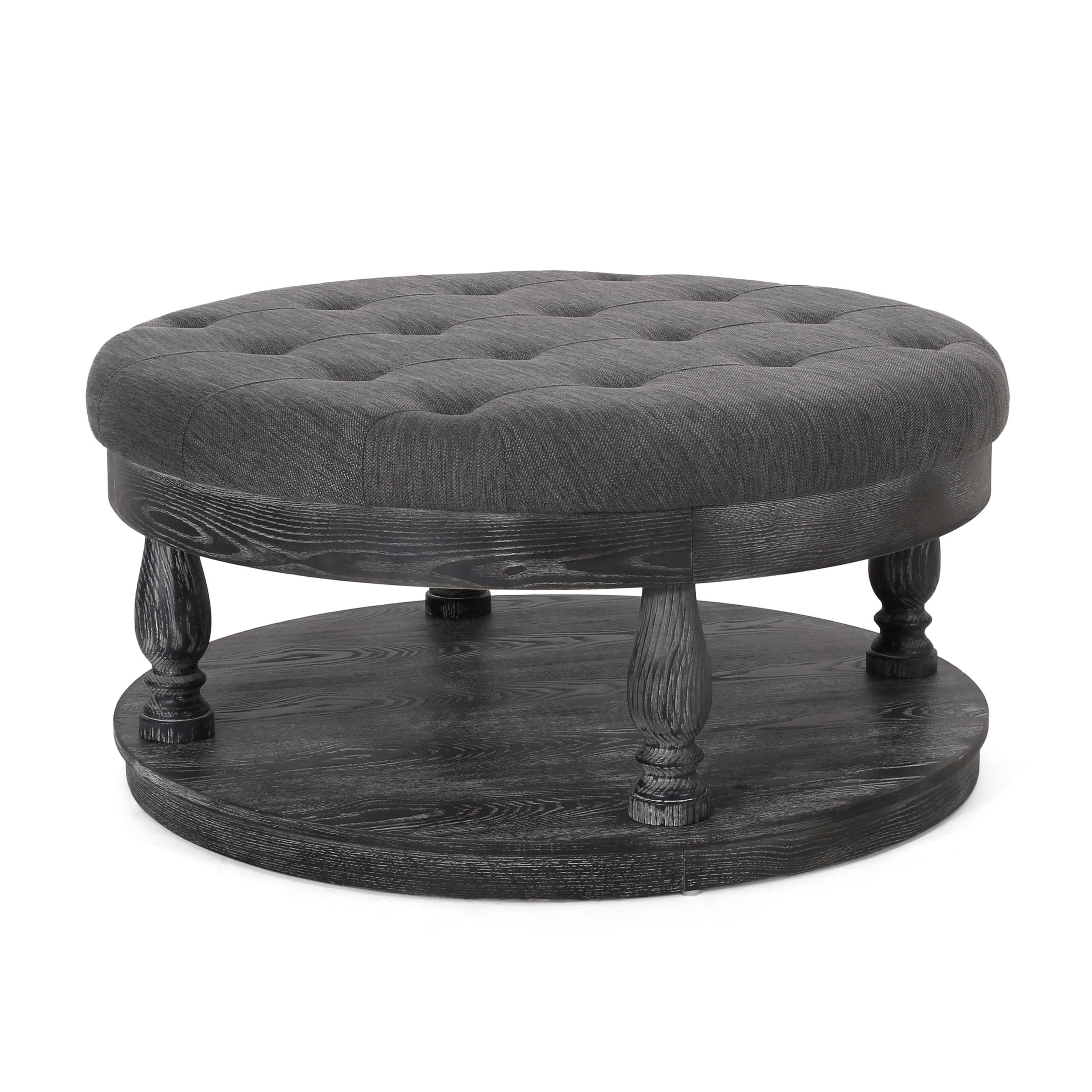 Andrue 40" Round Charcoal Gray Tufted Ottoman with Pine Wood Base