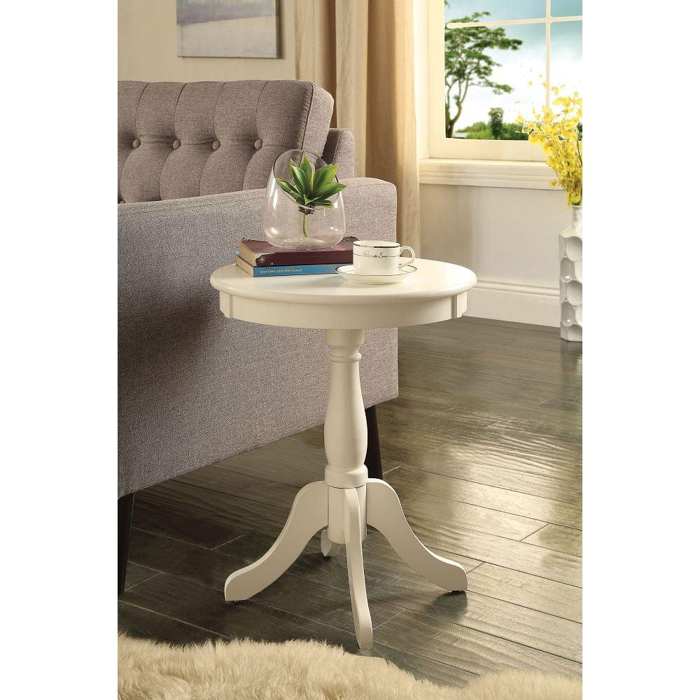 White Solid Wood Round Side Table with Turned Base