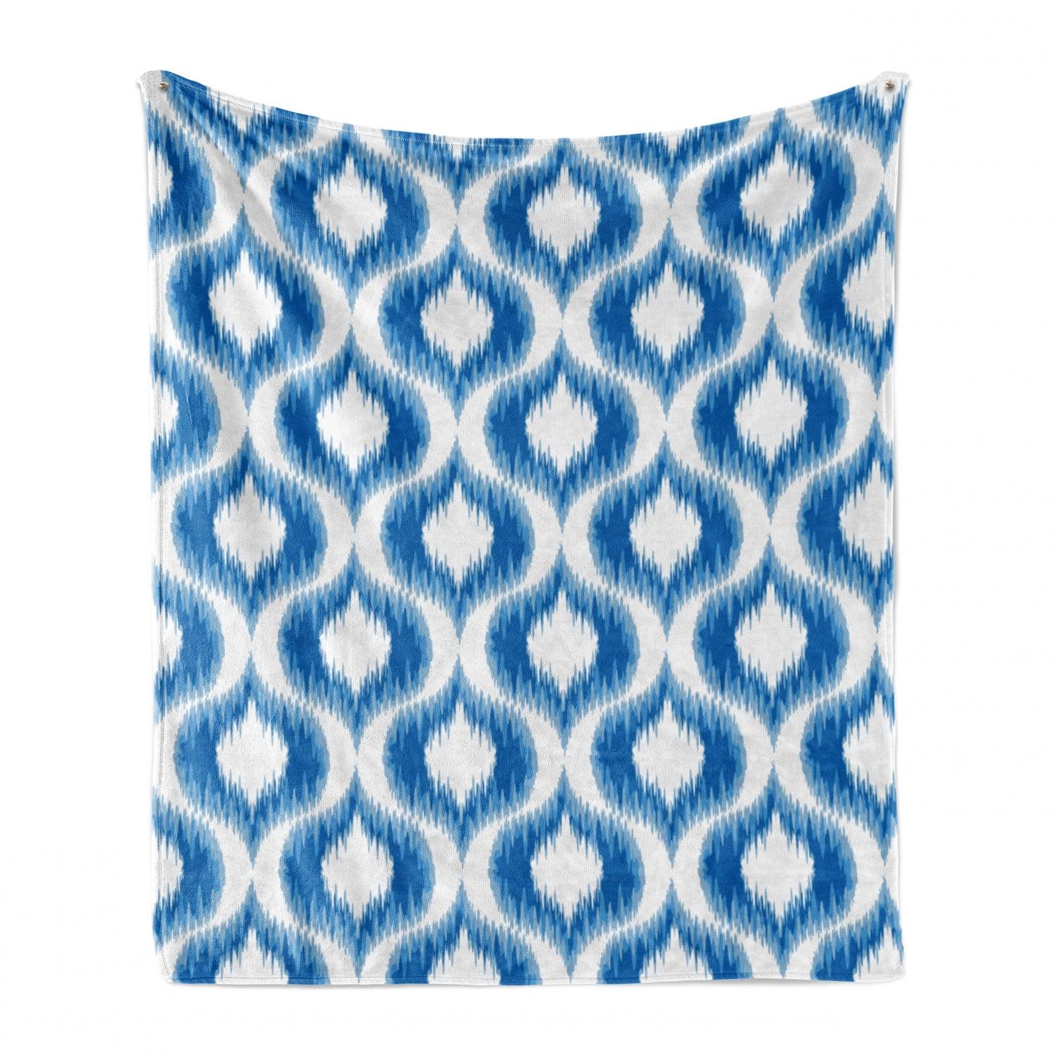 Ambesonne Blue White Fleece Throw Blanket Blurry Damask Motifs Blue White