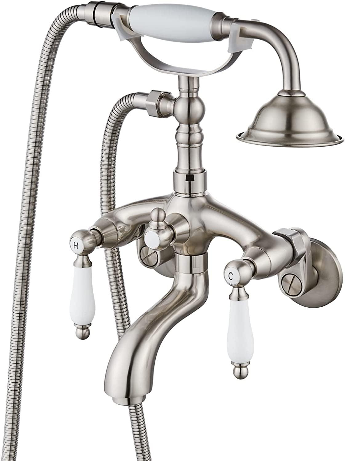 Brushed Nickel Wall-Mounted Clawfoot Tub Faucet with Handheld Shower