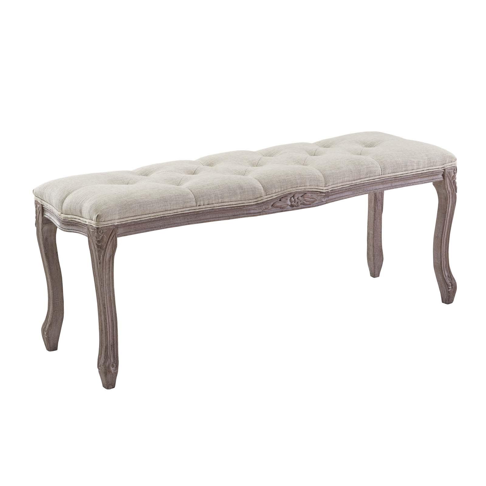 Vintage French Elegance Cream Tufted Bench with Gray Wood Legs