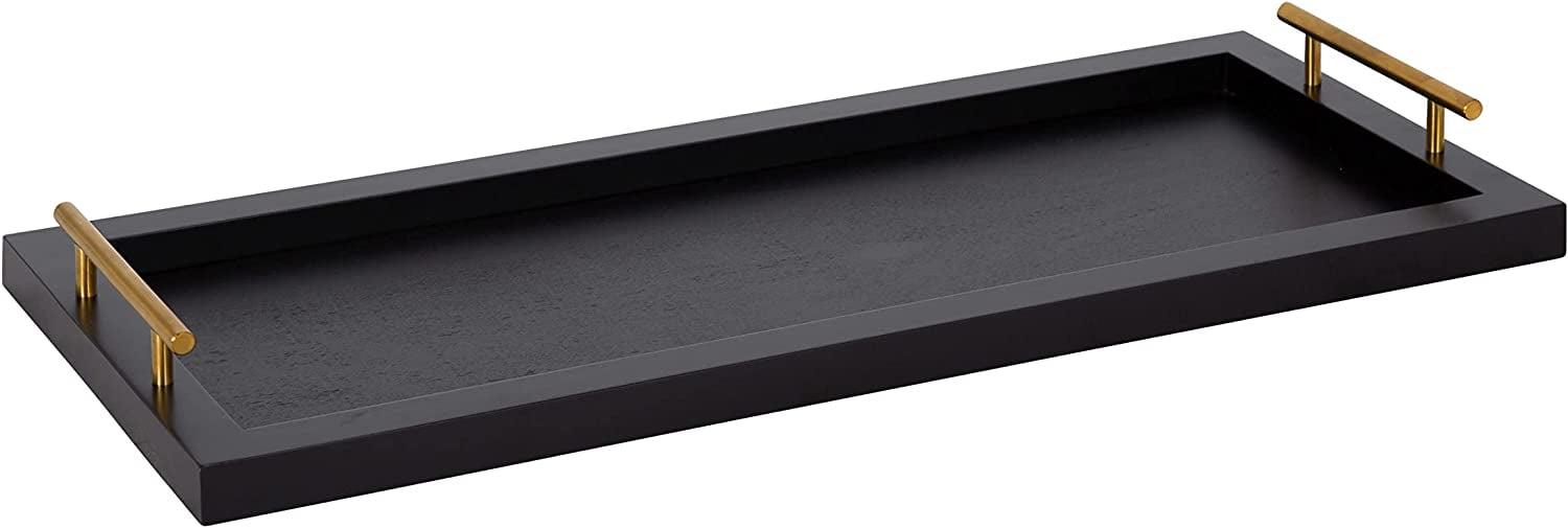 Elegant Black and Gold Rectangular Wooden Tray with Polished Handles, 24x10