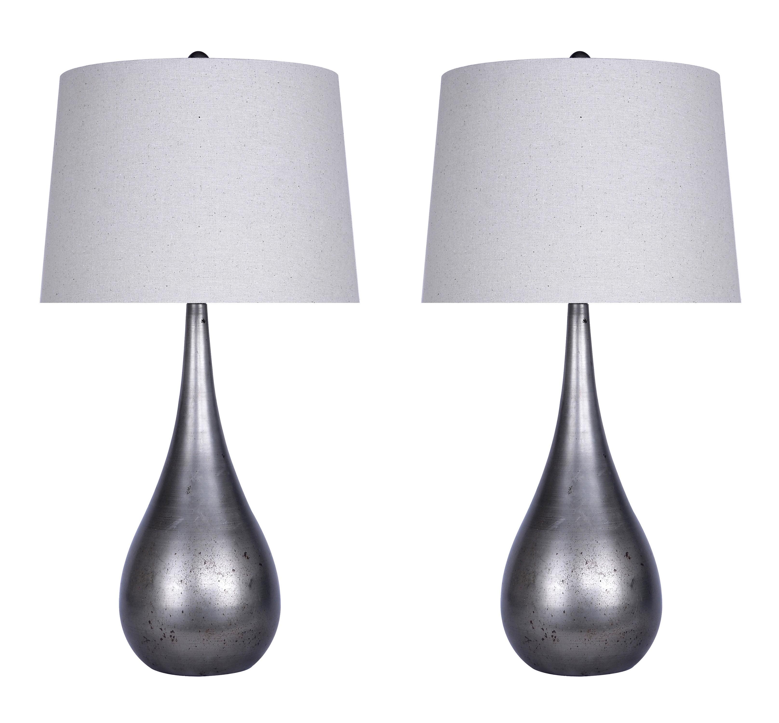 Aged Pewter and Natural Linen Teardrop Table Lamp Set