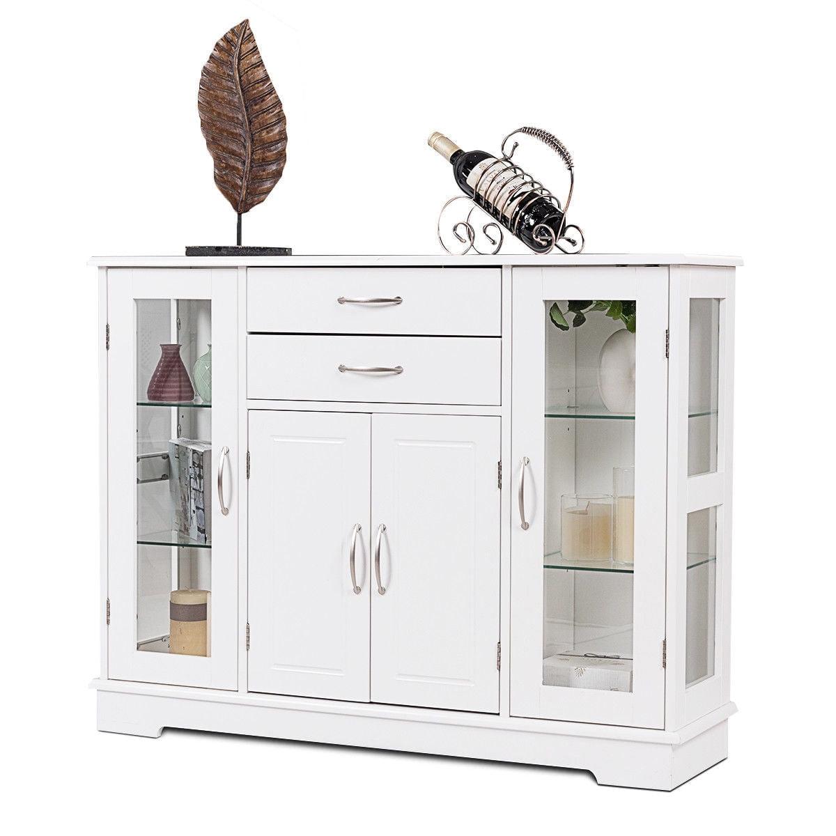 White Buffet Storage Cabinet with Glass Doors and Drawers