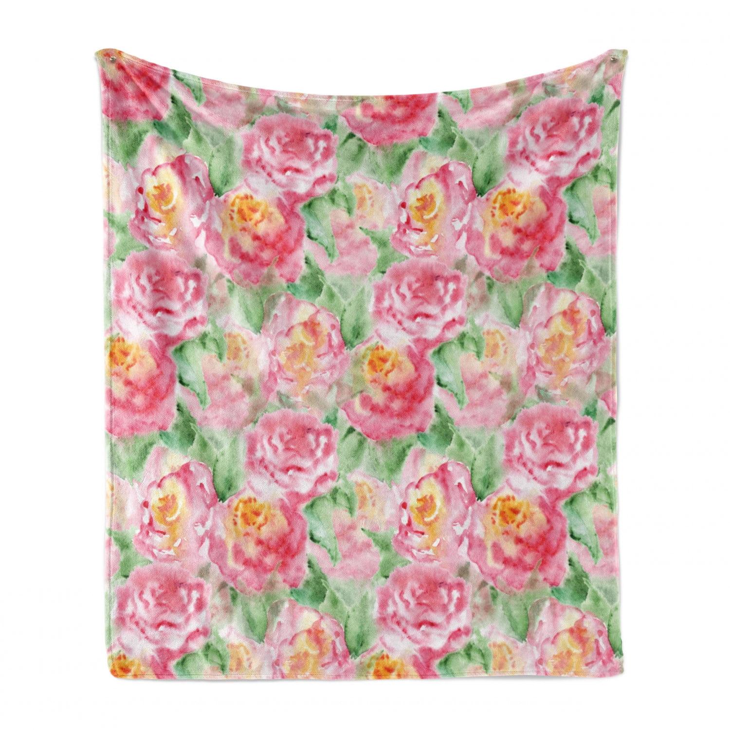 Ambesonne Rose Fleece Blanket Soft Blossoming Pink Green