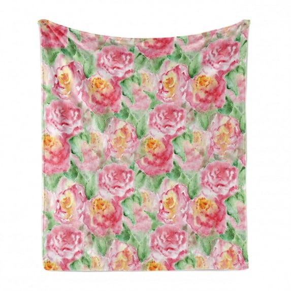 Ambesonne Ambesonne Rose Fleece Blanket Soft Blossoming Pink Green