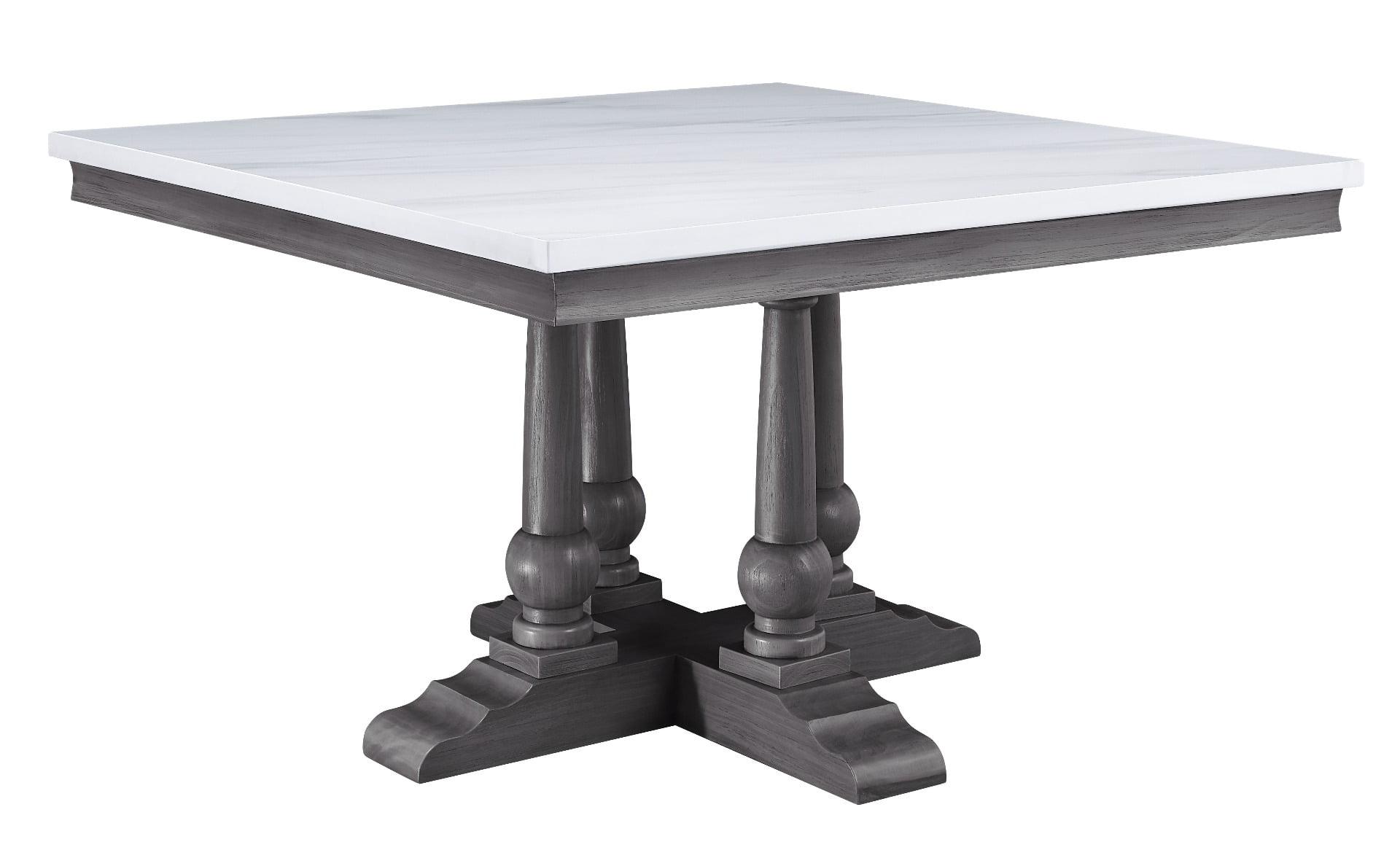 Transitional Gray Oak and White Marble Square Dining Table